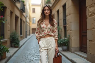 Femme portant un mix de vêtements vintage années 70 et pièces modernes dans une rue pavée européenne