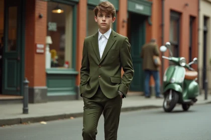 Adolescent en costume mod années 60 vert olive et Chelsea boots brunes dans une rue vintage urbaine