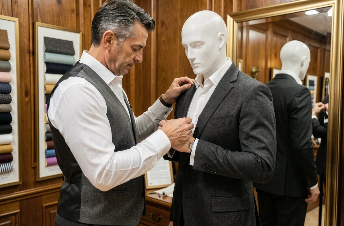 Tailleur de Monsieur Gaspard ajustant un costume sur mesure en laine dans sa boutique à Marseille