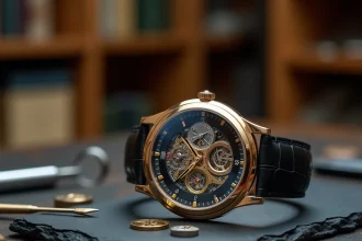 Montre de luxe à tourbillon posée sur une surface en ardoise dans un atelier horloger, révélant un mouvement mécanique complexe avec loupe et outils de précision
