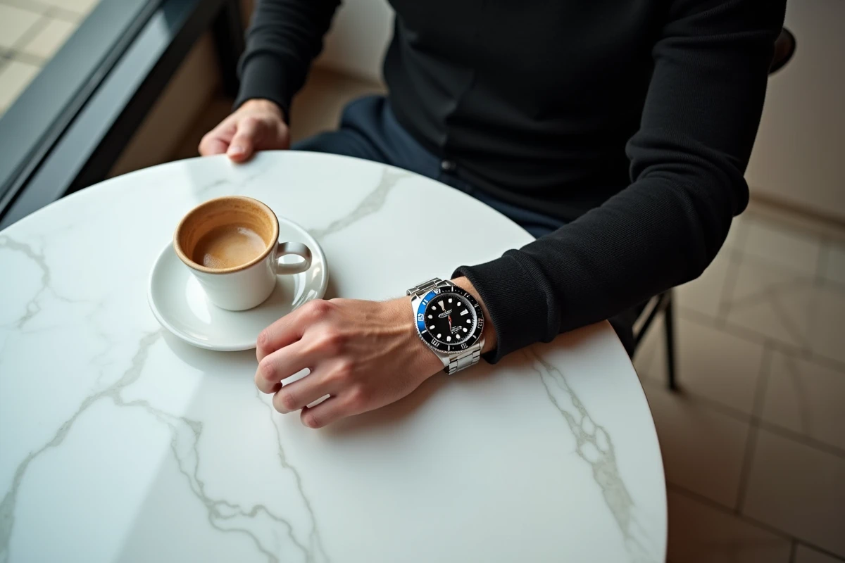 Homme mince au poignet fin portant une Rolex GMT bicolore noir et bleu sur table en marbre dans un café parisien minimaliste