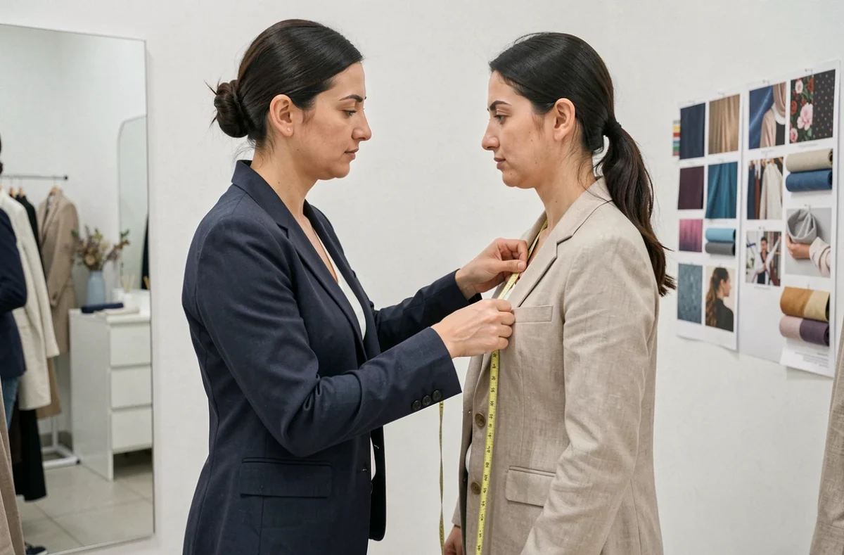 Naira Sargsyan prenant les mesures d'une cliente dans son atelier de tailleur sur mesure à Marseille 9e