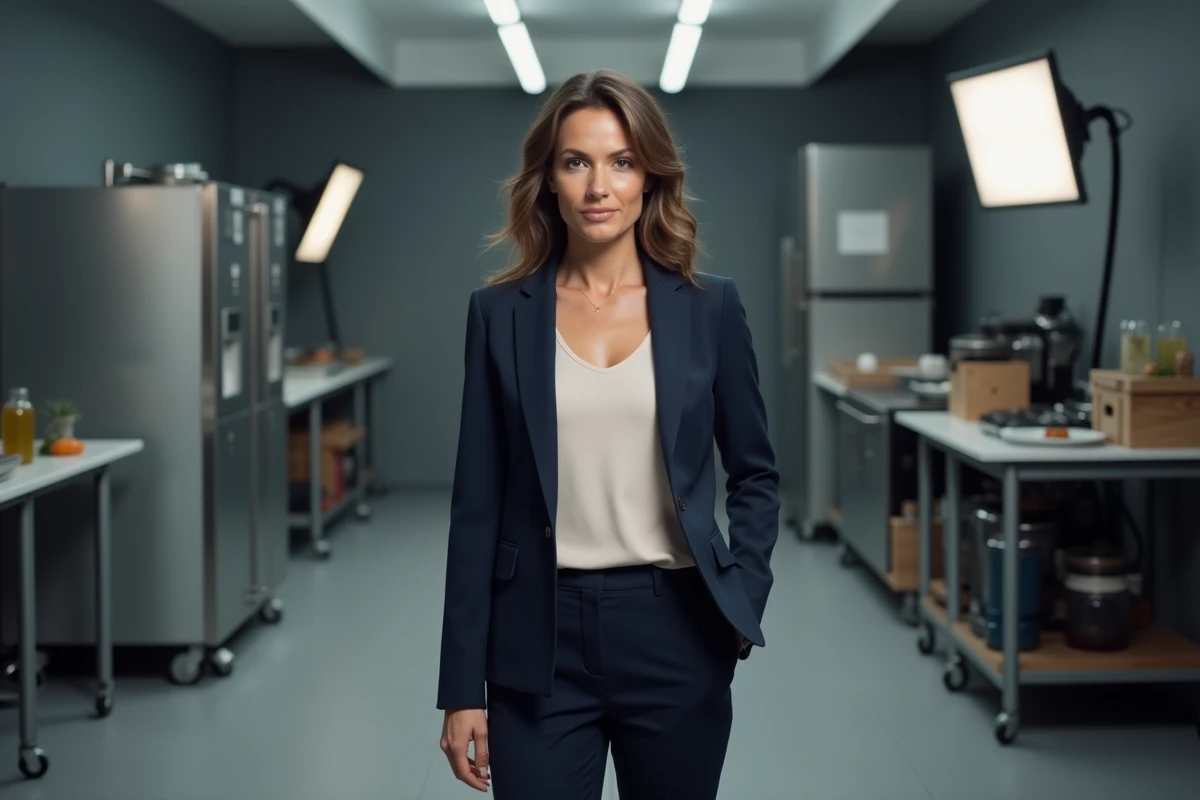 Femme professionnelle en veste marine dans un couloir de studio de télévision culinaire, représentant le parcours et l'évolution de Noëmie Honiat dans le monde gastronomique
