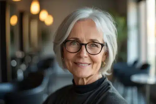 L’art subtil de la coupe de cheveux pour femme de 60 ans avec lunettes et cheveux fins