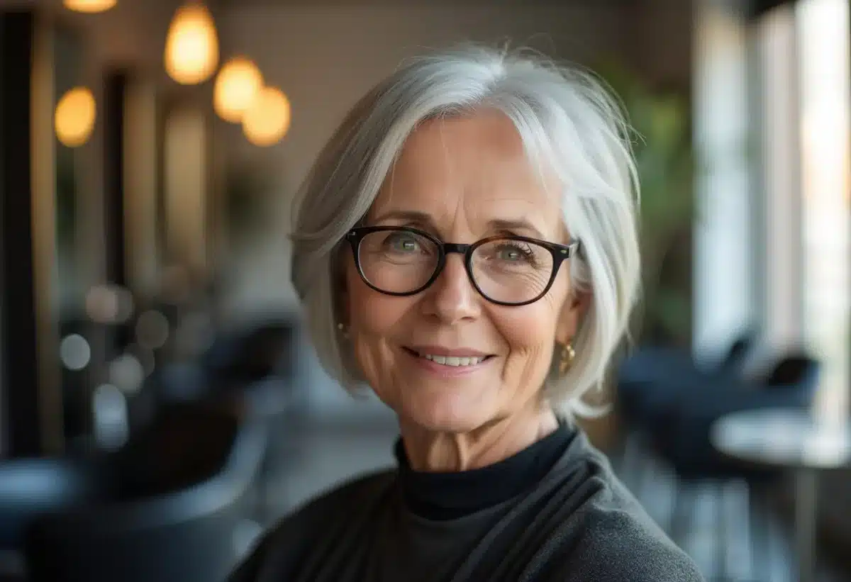 L’art subtil de la coupe de cheveux pour femme de 60 ans avec lunettes et cheveux fins