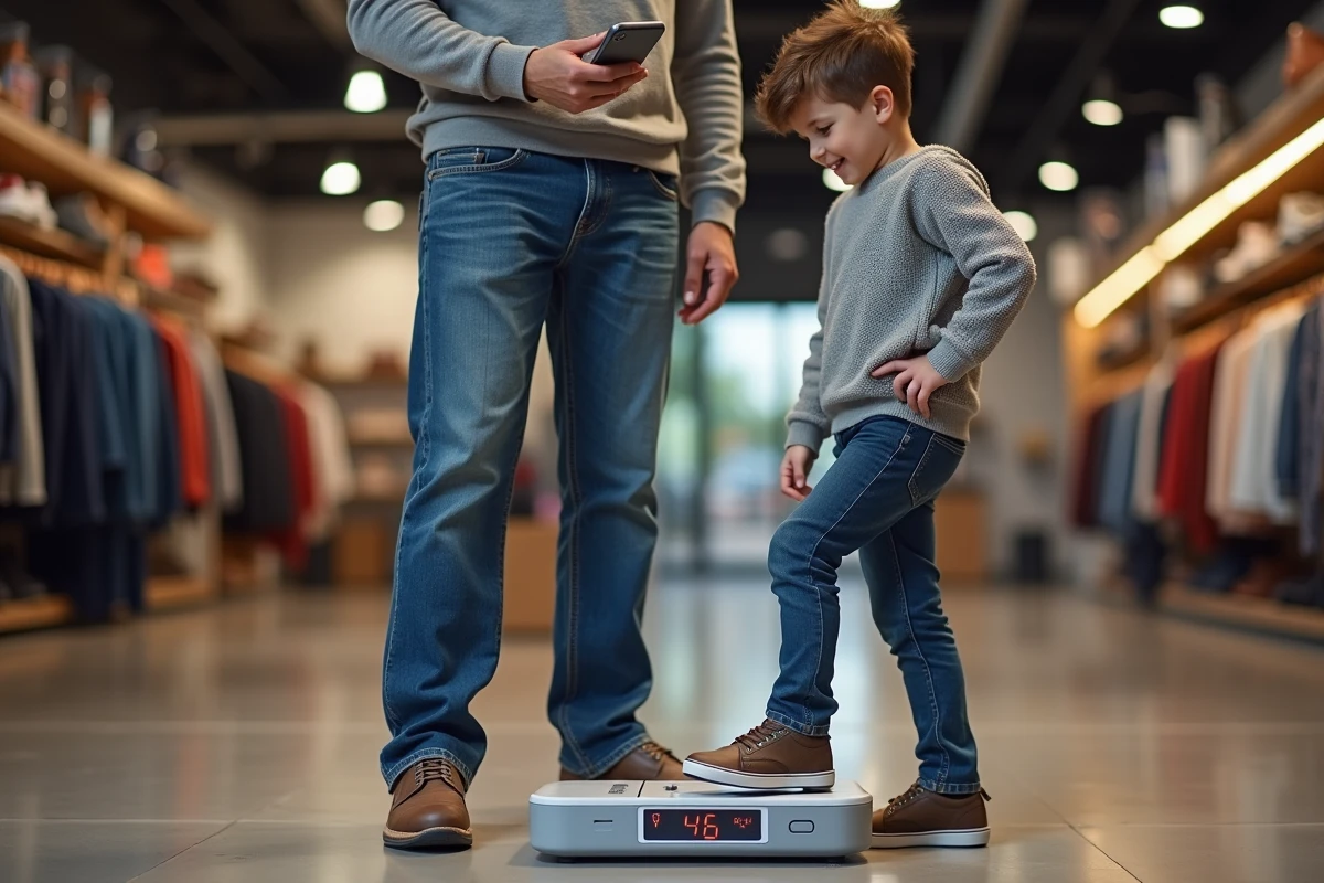 Pere et fils mesurant leur pied en magasin de chaussures