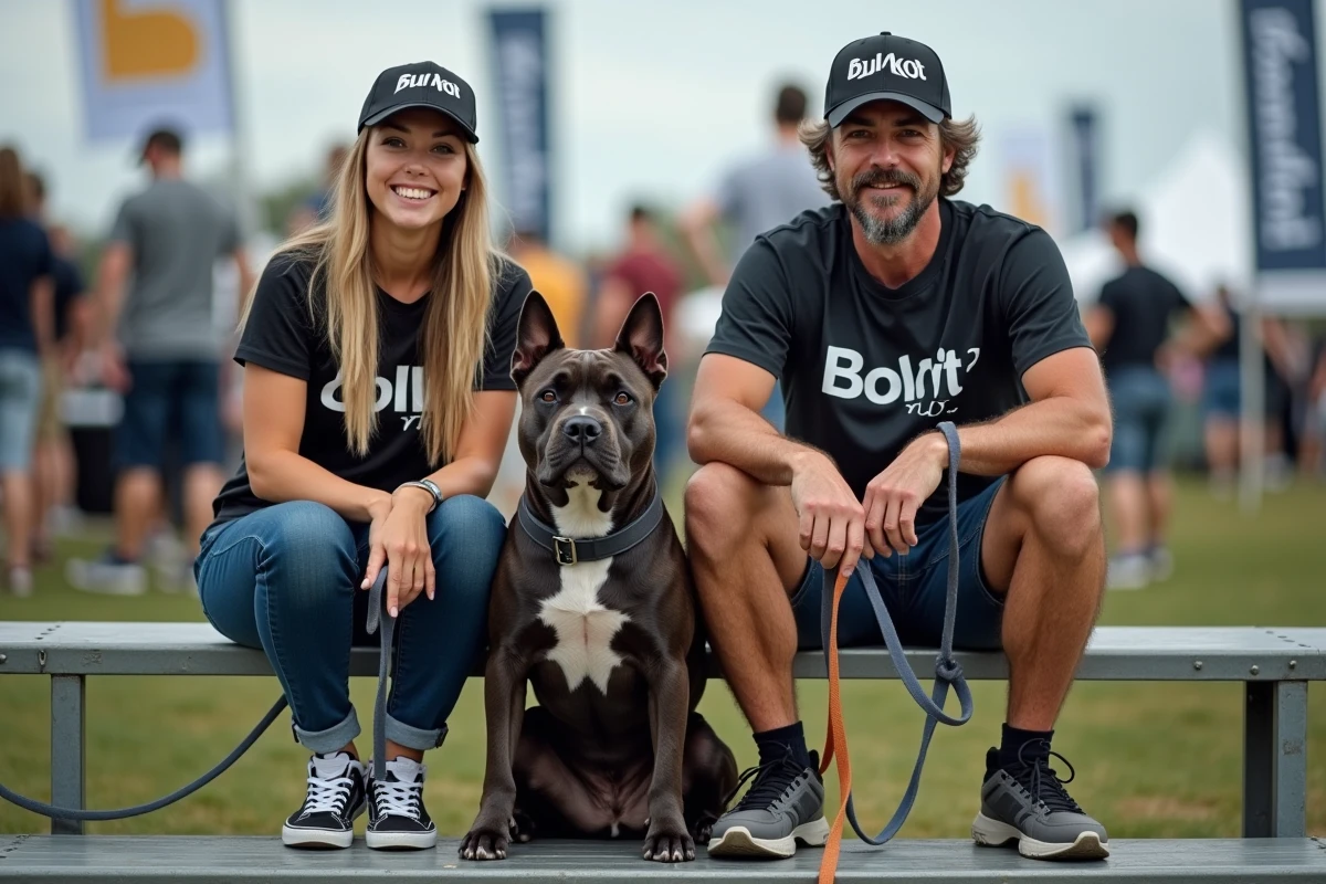 Passionnés de chiens en tenues bullrot assis dans des gradins lors d'une exposition canine
