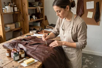Femme appliquant de la peinture cuir sur une veste en atelier artisanal avec pinceau et pots de couleurs