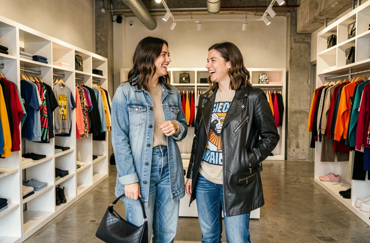 Deux amies riant dans la boutique People à Bordeaux entourées de vêtements tendance et colorés