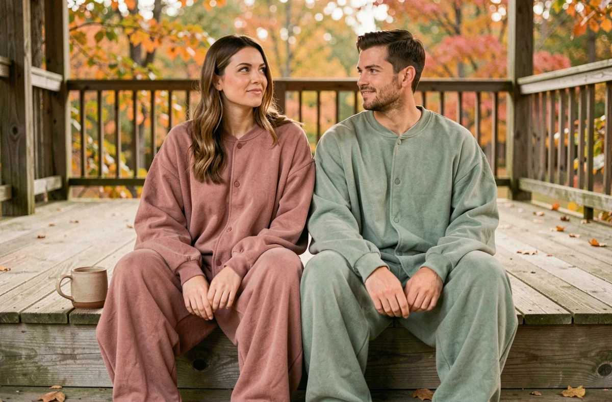 Couple d'adultes portant des combinaisons pilou pilou oversize en rose et vert sauge, assis sur des marches en bois à l'extérieur en automne
