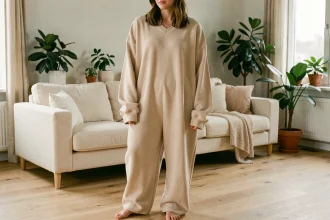Jeune femme portant une combinaison pilou pilou adulte oversize en tissu polaire beige, debout dans un salon scandinave chaleureux aux tons neutres