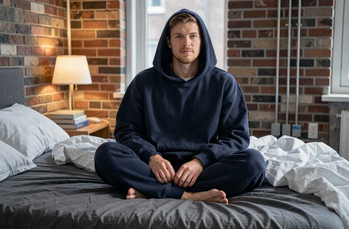 Homme adulte assis sur un lit en combinaison pilou pilou oversize bleu marine, dans une chambre cosy aux tons sombres avec briques apparentes