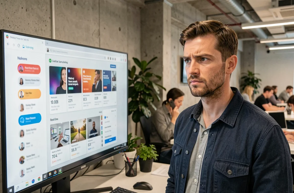 Designer masculin analysant une interface de plateforme d'abonnement fans dans un bureau moderne de startup tech