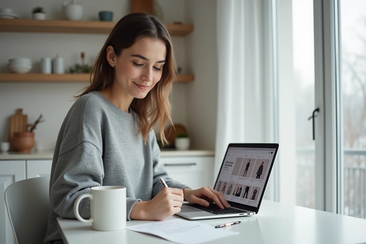 Jeune femme préparant sa liste d'achats pour les soldes d'hiver devant un ordinateur portable avec une liste manuscrite sur la table