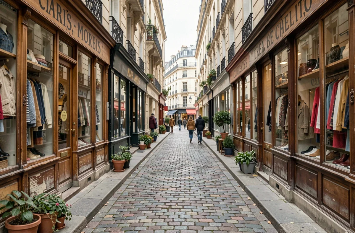 Rue pavée du quartier du Marais à Paris avec des boutiques friperies et vitrines de vêtements vintage