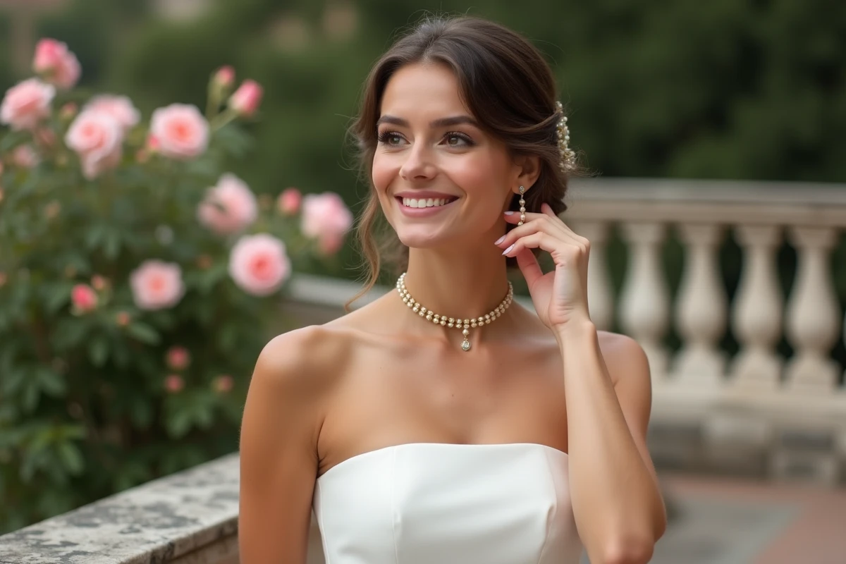 Mariée portant un ras de cou doré avec perles sur une terrasse fleurie, robe bustier blanche