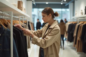 Femme examinant une étiquette de prix sur un vêtement dans une boutique Zara pour comparer les réductions en magasin
