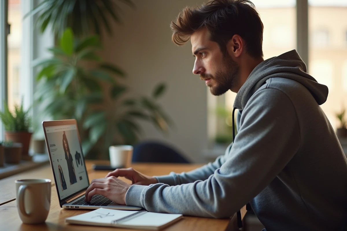 Homme comparant les réductions Zara en ligne sur son ordinateur portable depuis son bureau à domicile