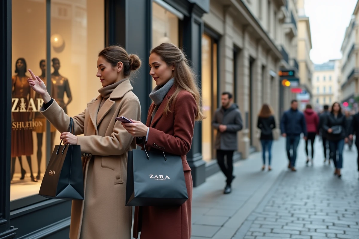 Deux femmes devant une vitrine Zara comparant les promotions en magasin et sur smartphone dans une rue commerçante