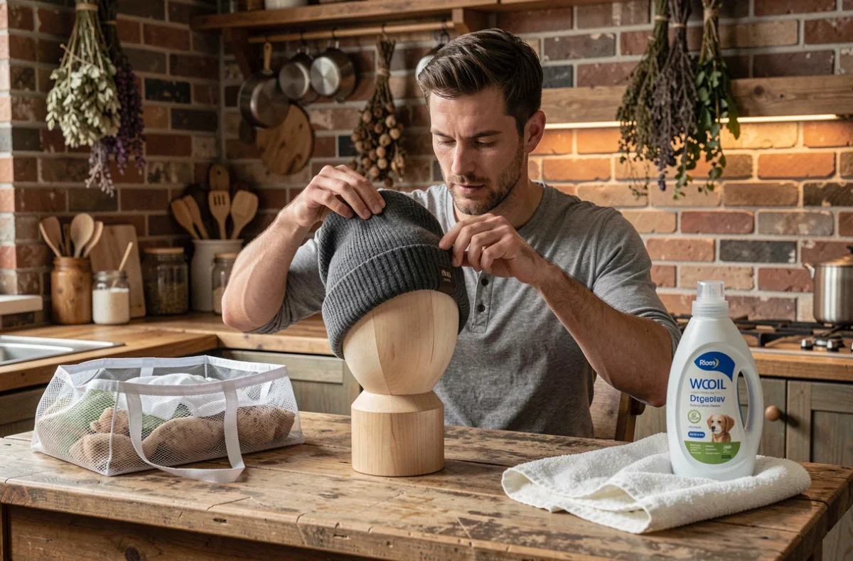 Homme remettant en forme un bonnet gris humide sur un support en bois entouré d'accessoires d'entretien textile