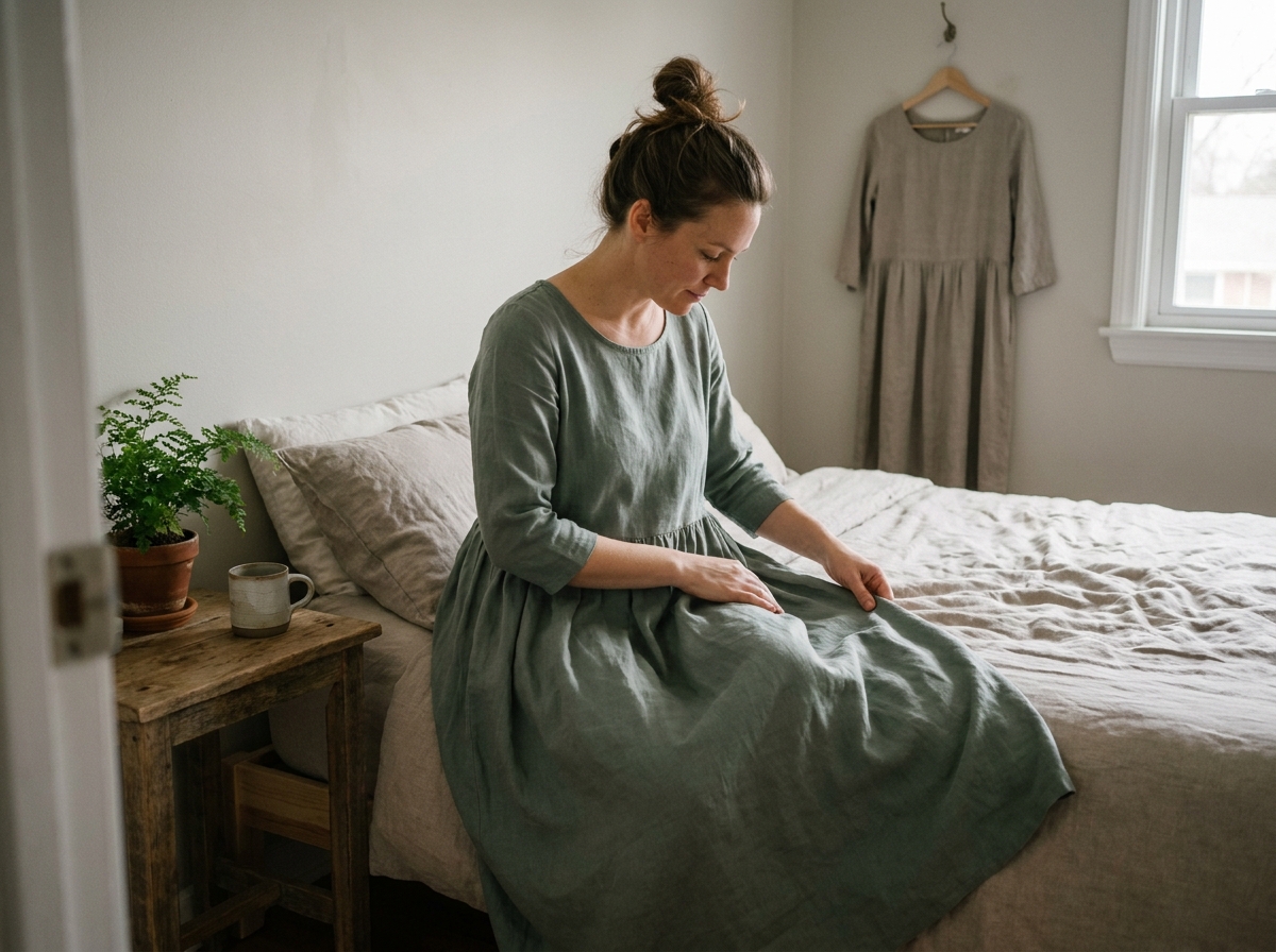 Femme portant une robe fluide vert sauge assise sur un lit dans une chambre minimaliste, illustrant un vestiaire capsule féminin