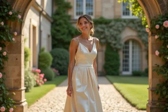 Femme portant une robe courte en satin champagne lors d'un mariage devant un château en pierre avec arches et roses grimpantes