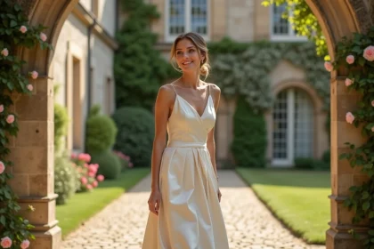 Femme portant une robe courte en satin champagne lors d'un mariage devant un château en pierre avec arches et roses grimpantes