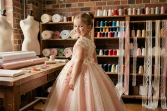 Fillette en robe de princesse sur mesure ivoire et rose dans un atelier de couture artisanal avec tissus et mannequins