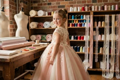 Fillette en robe de princesse sur mesure ivoire et rose dans un atelier de couture artisanal avec tissus et mannequins