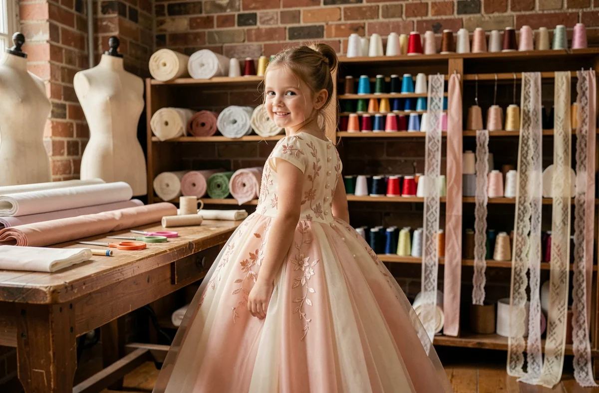 Fillette en robe de princesse sur mesure ivoire et rose dans un atelier de couture artisanal avec tissus et mannequins