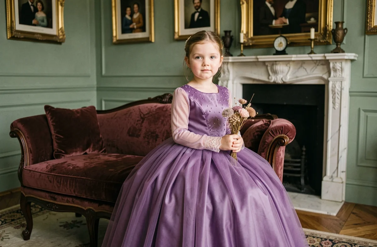 Petite fille en robe de princesse violette sur mesure avec jupe en tulle assise sur une chaise longue dans un salon élégant