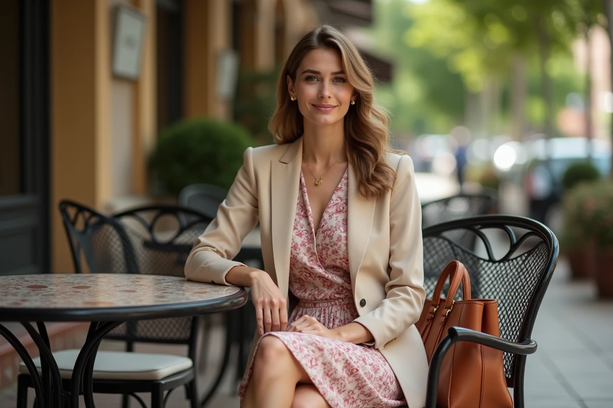 Femme en robe imprimée SINEQUANONE bien stylisée avec un blazer et des bijoux discrets en terrasse de café, exemple d'association réussie pour éviter les erreurs de mode