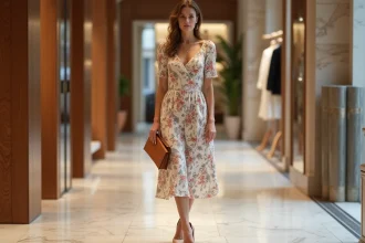 Femme portant une robe SINEQUANONE bien ajustée avec des accessoires minimalistes dans une boutique parisienne, illustrant un style équilibré sans erreurs de look