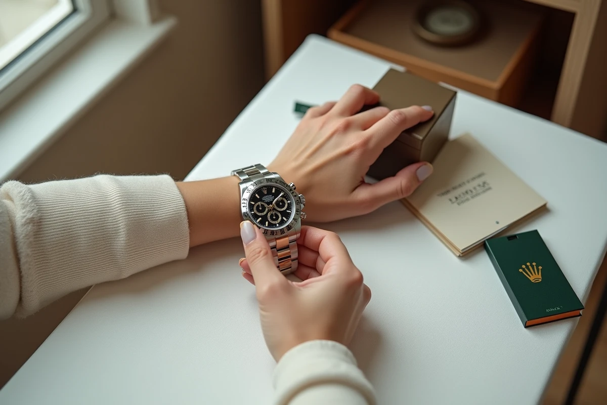 Gros plan de mains féminines tenant une Rolex Daytona avec documentation officielle et prix visible sur une table