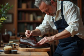 Homme cirant des chaussures Oxford en cuir avec une brosse et un chiffon sur un établi en bois à la maison