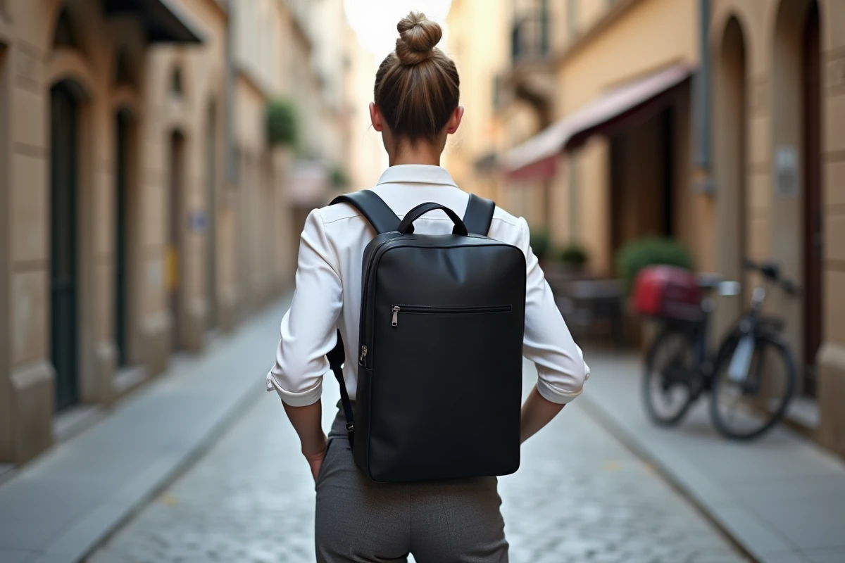 Vue de dos d'un sac à dos anti-vol pour ordinateur portable porté dans une rue européenne