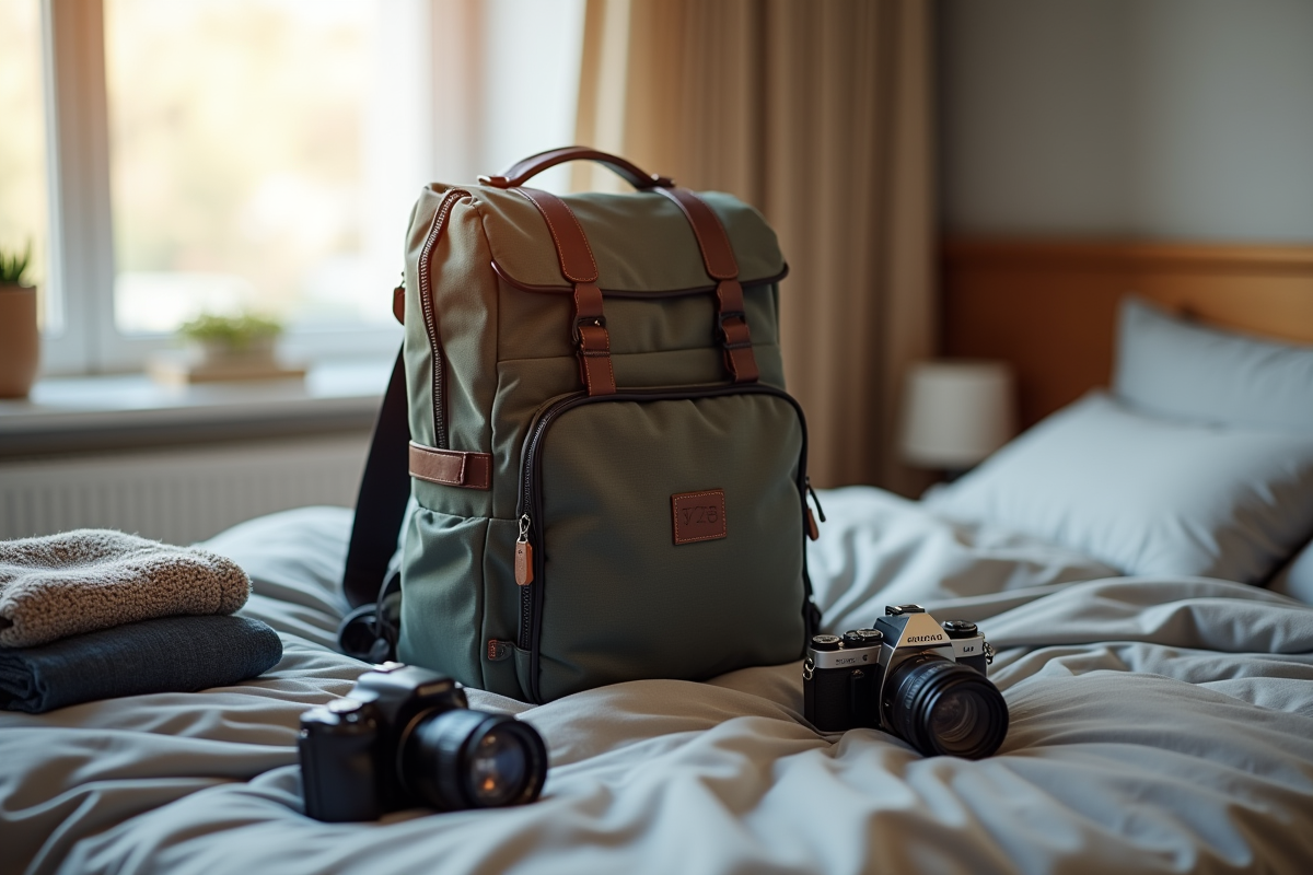 Sac de weekend bien rangé sur un lit avec vêtements et appareil photo