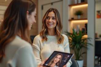 Femme souriante dans un salon de coiffure moderne