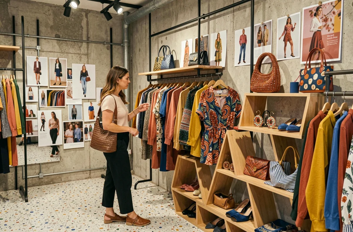 Boutique Sapsak à Montpellier avec une femme parcourant des vêtements tendance et des accessoires colorés sur des étagères en bois