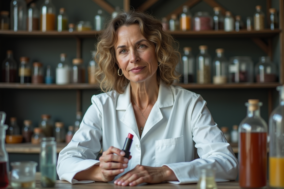 Scientifique femme en laboratoire ancien avec rouges à lèvres