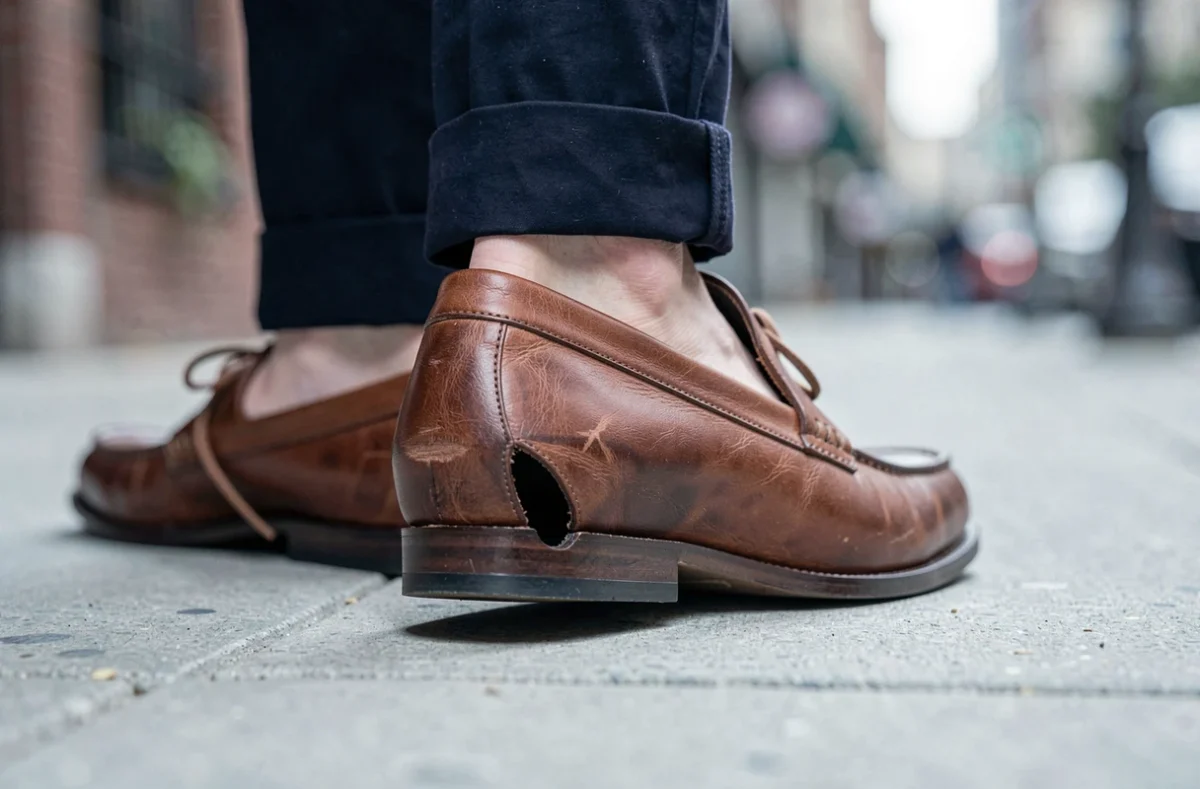 Gros plan sur une chaussure en cuir trop grande glissant au talon lors de la marche sur un trottoir urbain