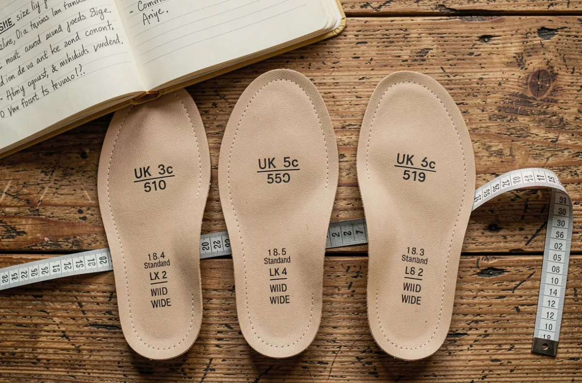 Semelles de chaussures avec marquages de pointure UK standard et large disposées sur une table en bois avec un mètre ruban