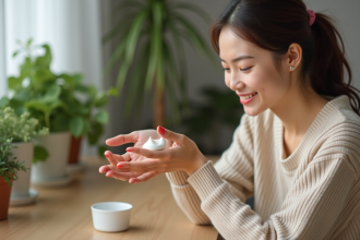 Jeune femme appliquant crème mains dans un intérieur cosy