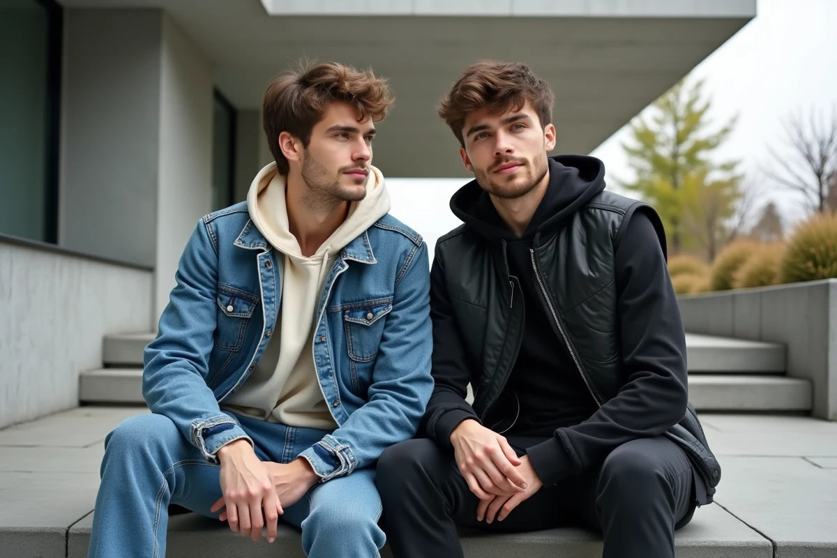 Deux amis assis sur des marches urbaines avec des tenues drip fashion contrastées, denim patchwork et look monochrome noir