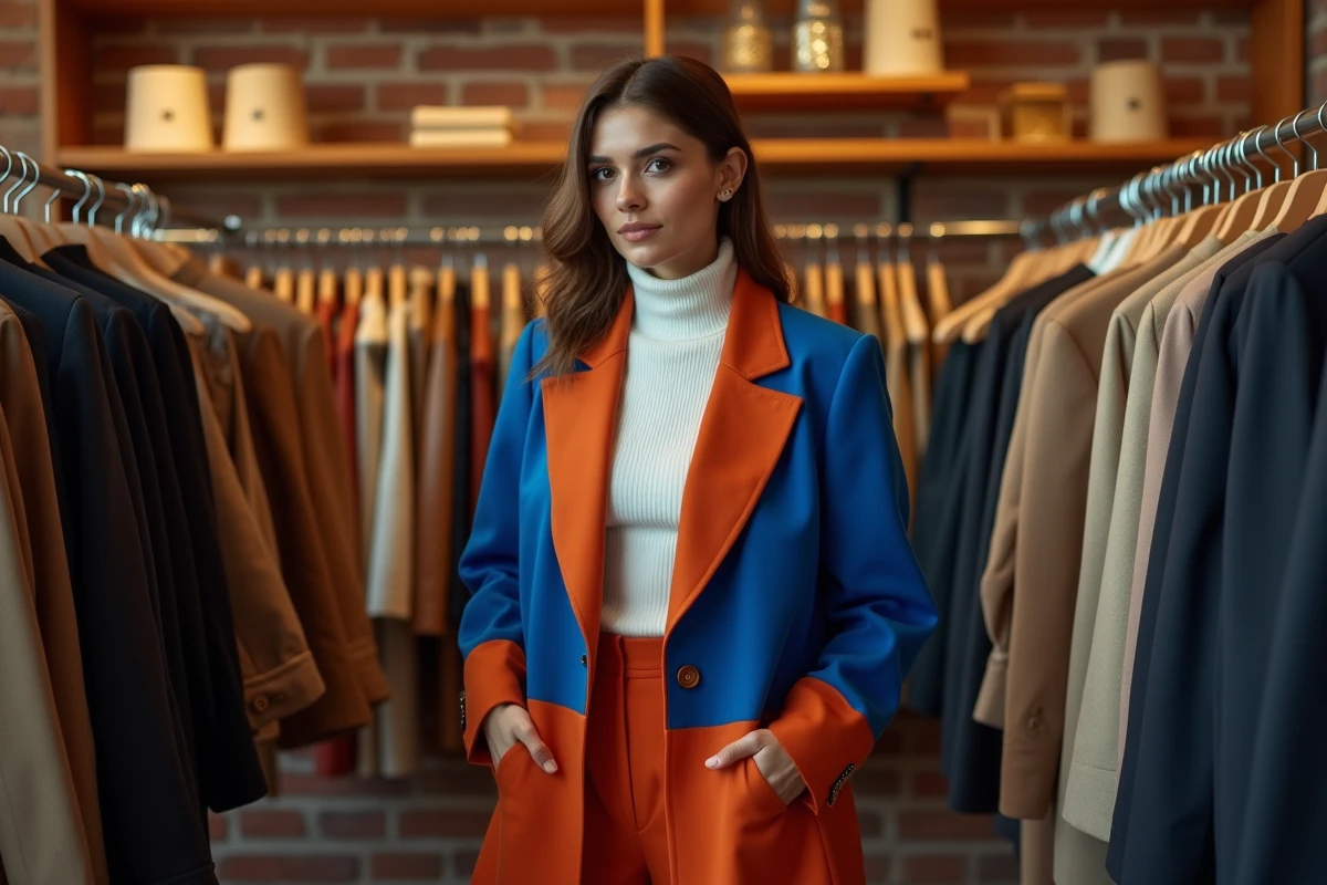 Femme portant un blazer color-block oversize et pantalon large dans une boutique vintage tendance drip fashion