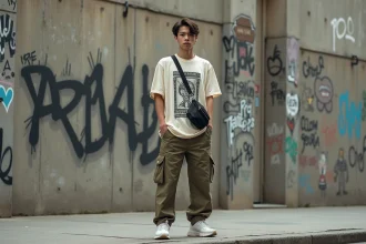 Jeune homme en style drip fashion avec tee-shirt vintage oversize, cargo pants et sneakers chunky devant un mur de street art urbain