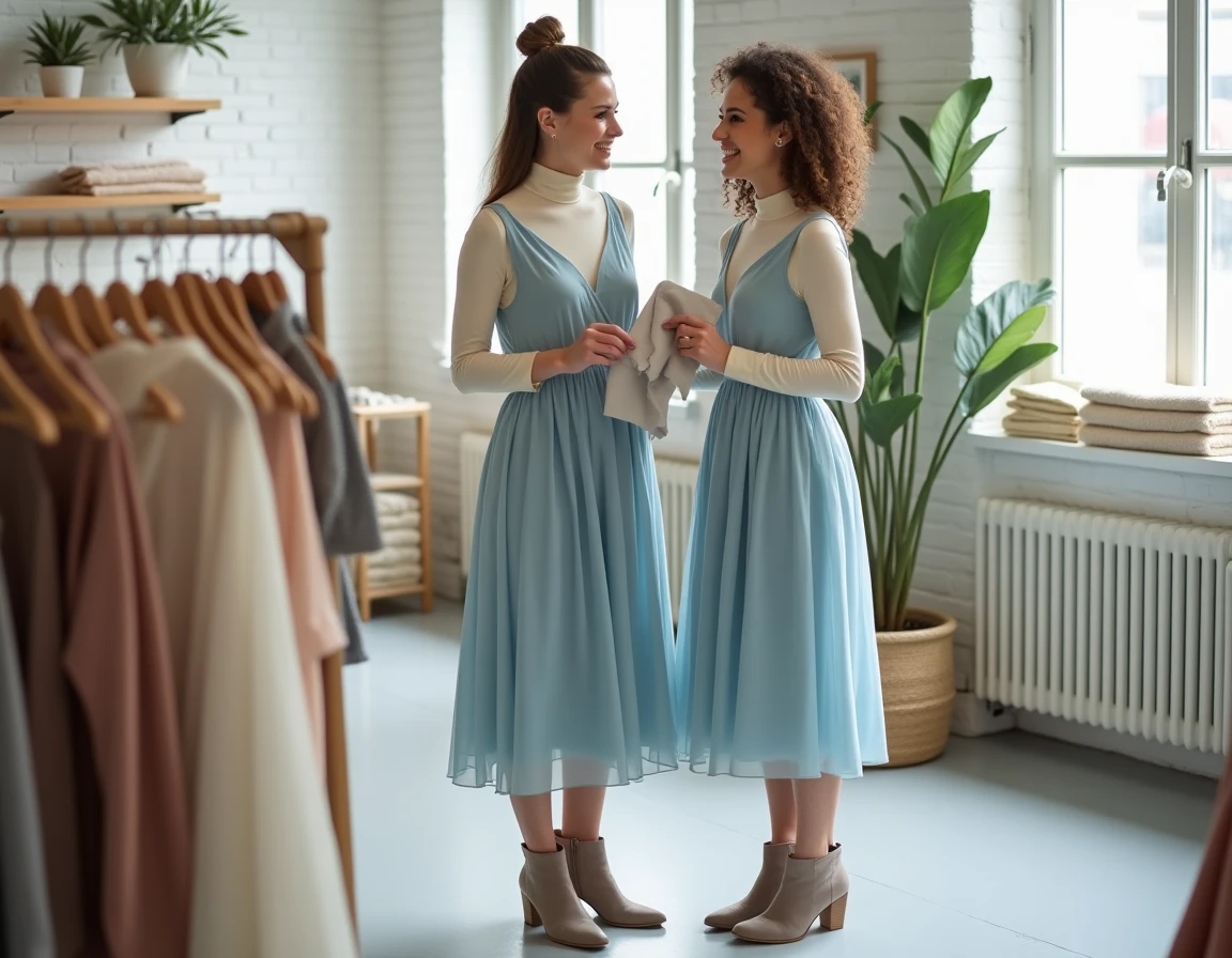 Deux femmes dans une boutique stylée discutant comment porter une robe bleu pastel de demoiselle d'honneur au quotidien avec un col roulé et des bottines