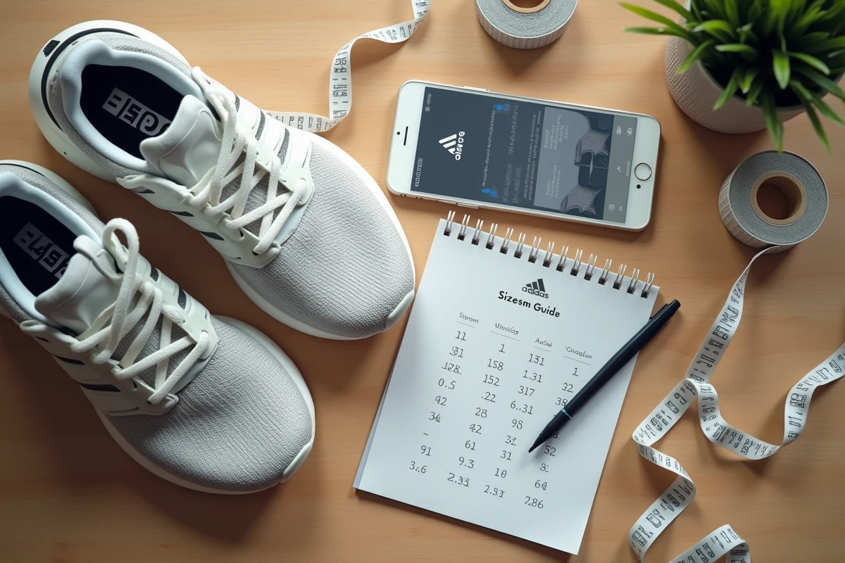 Vue du dessus de chaussures Adidas avec un mètre ruban et un guide de conversion des tailles
