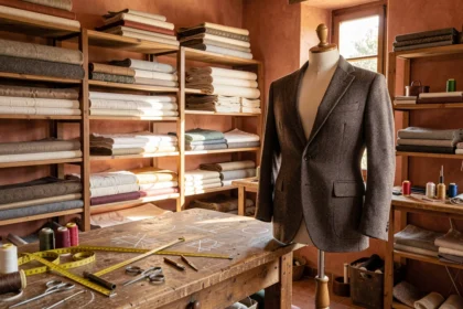 Atelier de tailleur sur mesure en Provence avec tissus, mannequin et outils de couture traditionnels