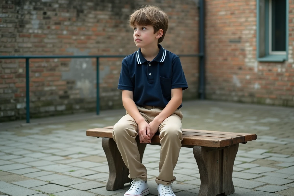 Jeune homme en style années 60 avec polo marine et chino beige assis dans une cour d'école vintage